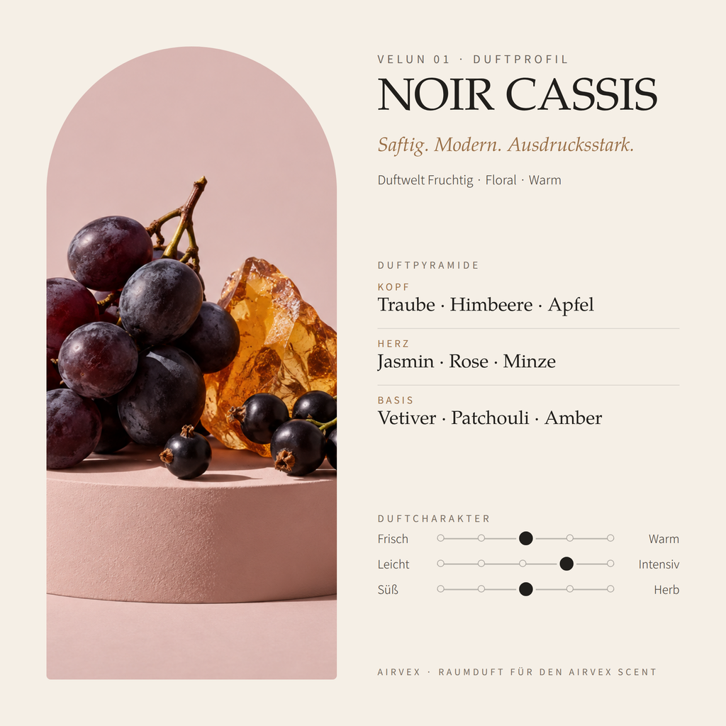 Duftprofil von VELUN 01 NOIR CASSIS: Duftpyramide mit Kopf-, Herz- und Basisnoten und Duftcharakter
