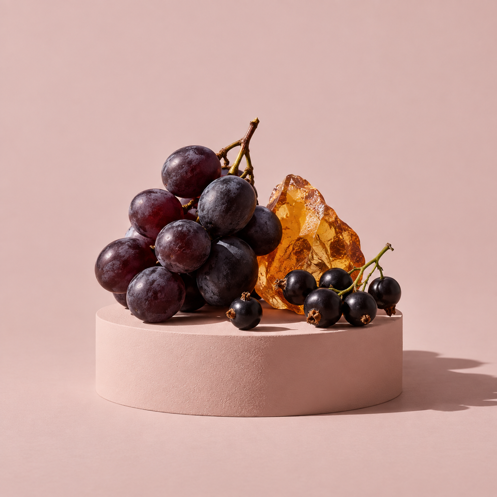 Duftzutaten von VELUN 01 NOIR CASSIS: Traube, Cassis und Amber auf einem schlichten Sockel