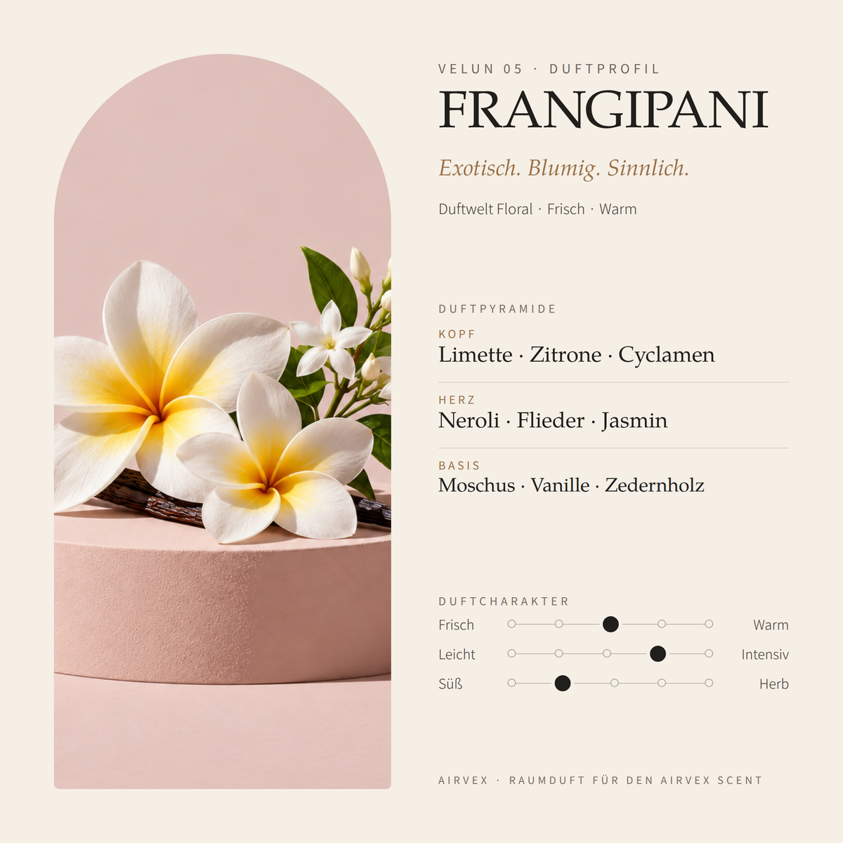 Duftprofil von VELUN 05 FRANGIPANI: Duftpyramide mit Kopf-, Herz- und Basisnoten und Duftcharakter