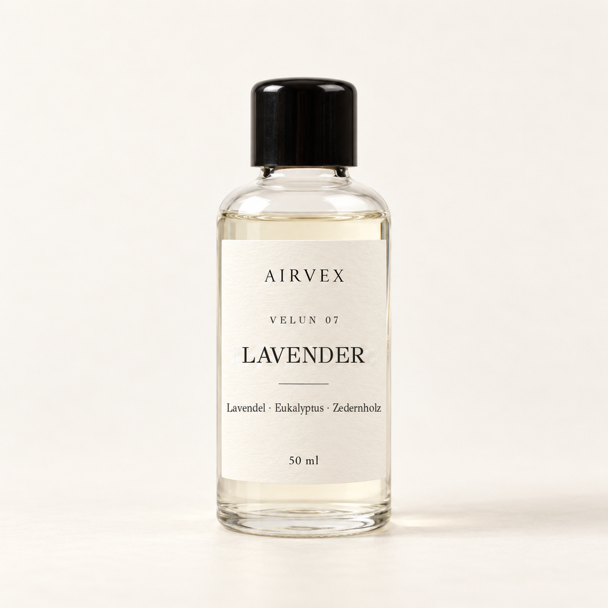 VELUN 07 LAVENDER Raumduft 50 ml in klarer Glasflasche mit schwarzem Schraubverschluss – Lavendel · Eukalyptus · Zedernholz