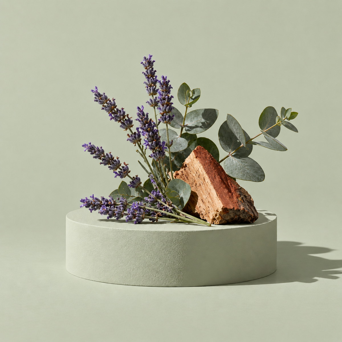 Duftzutaten von VELUN 07 LAVENDER: Lavendel, Eukalyptus und Zedernholz auf einem schlichten Sockel
