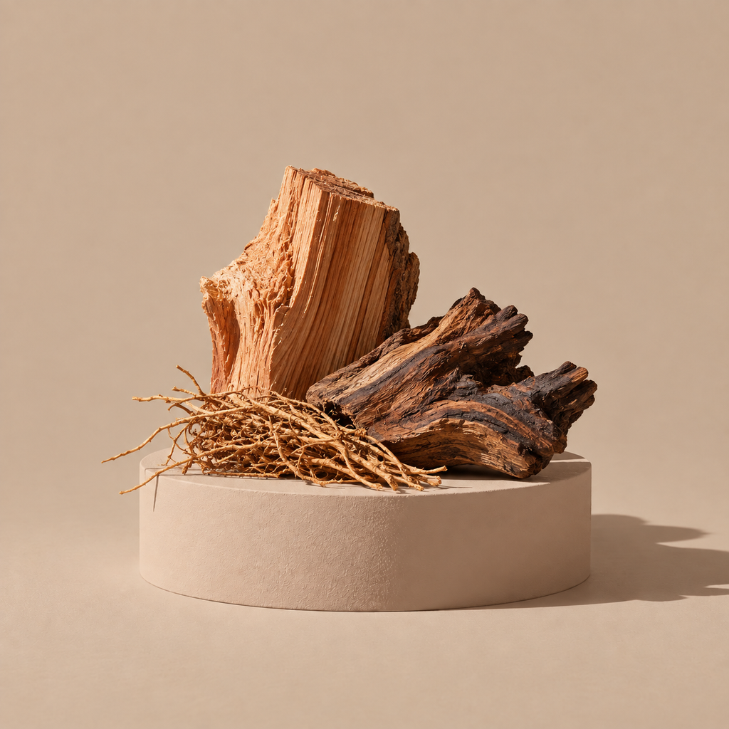 Duftzutaten von VELUN 08 DARK WOOD: Zedernholz, Guajakholz und Vetiver auf einem schlichten Sockel