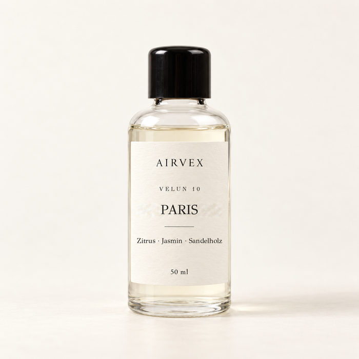 VELUN 10 PARIS Raumduft 50 ml in klarer Glasflasche mit schwarzem Schraubverschluss – Zitrus · Jasmin · Sandelholz