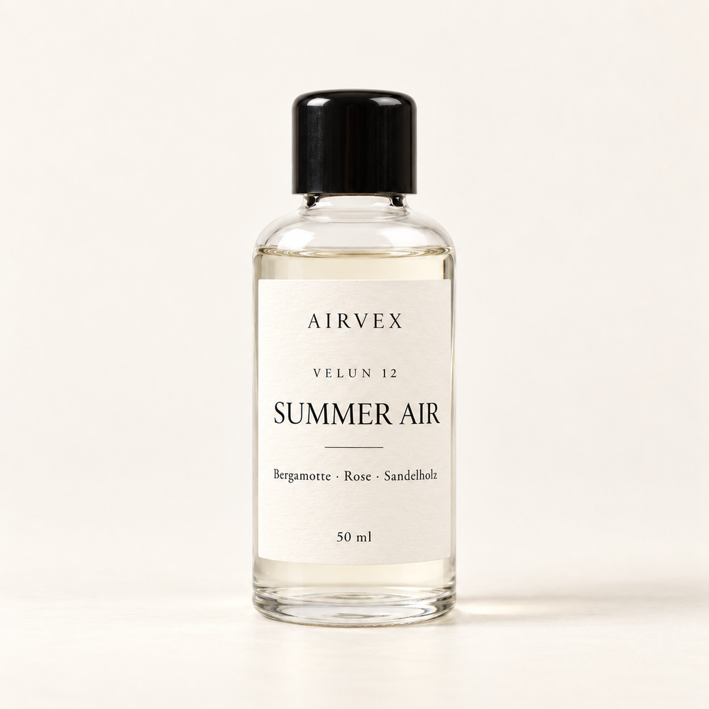 VELUN 12 SUMMER AIR Raumduft 50 ml in klarer Glasflasche mit schwarzem Schraubverschluss – Bergamotte · Rose · Sandelholz