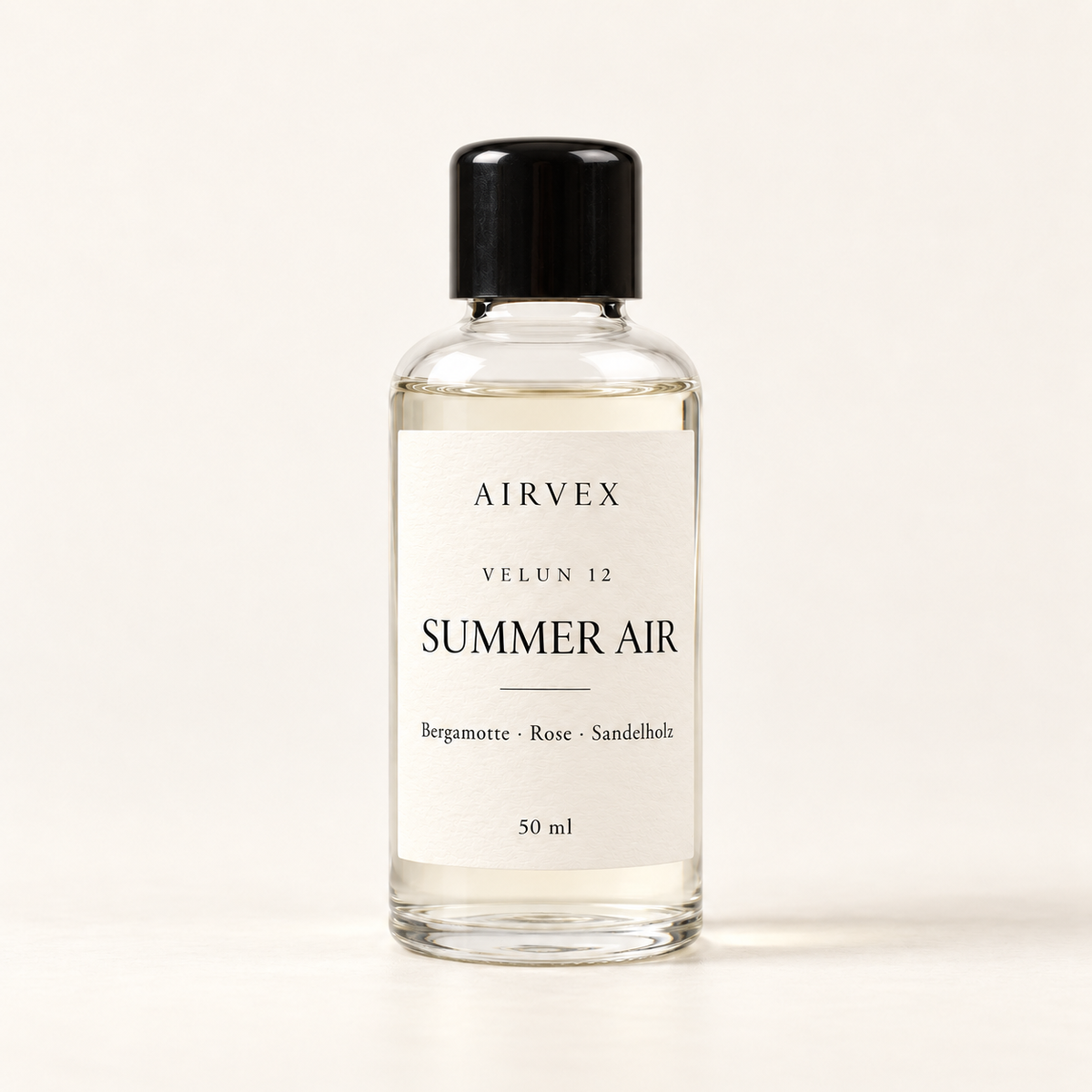 VELUN 12 SUMMER AIR Raumduft 50 ml in klarer Glasflasche mit schwarzem Schraubverschluss – Bergamotte · Rose · Sandelholz