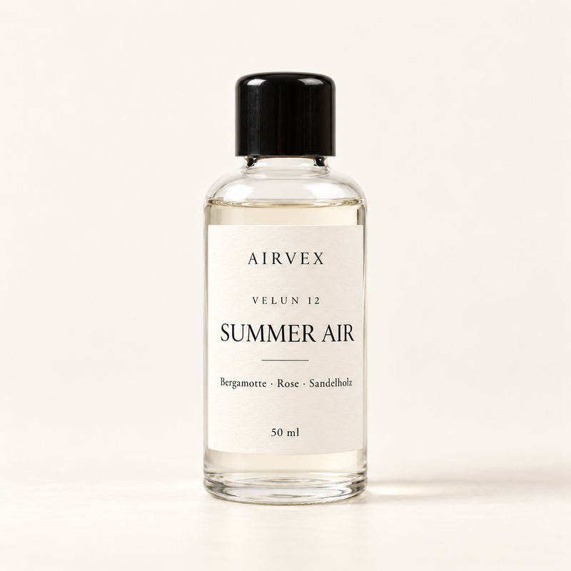 VELUN 12 SUMMER AIR Raumduft 50 ml in klarer Glasflasche mit schwarzem Schraubverschluss – Bergamotte · Rose · Sandelholz
