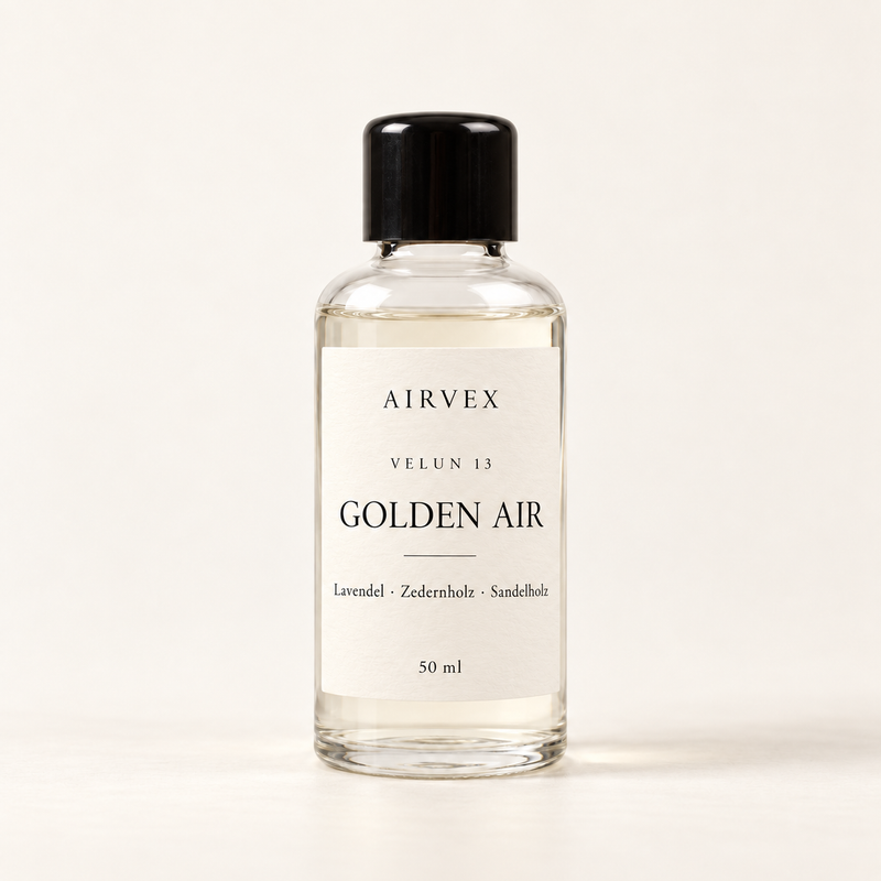 VELUN 13 GOLDEN AIR Raumduft 50 ml in klarer Glasflasche mit schwarzem Schraubverschluss – Lavendel · Zedernholz · Sandelholz