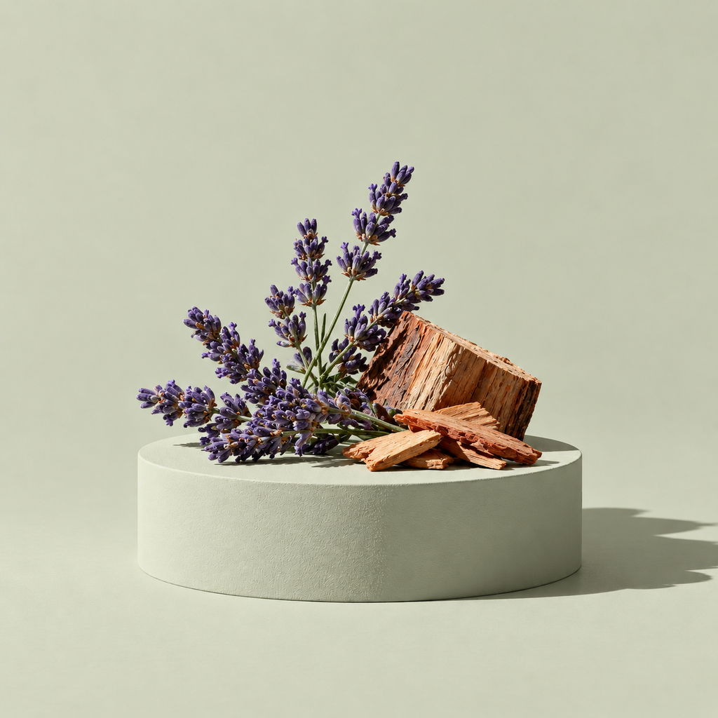 Duftzutaten von VELUN 13 GOLDEN AIR: Lavendel, Zedernholz und Sandelholz auf einem schlichten Sockel