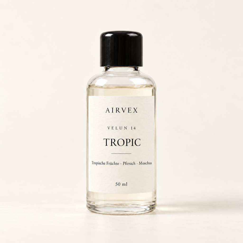 VELUN 14 TROPIC Raumduft 50 ml in klarer Glasflasche mit schwarzem Schraubverschluss – Tropische Früchte · Pfirsich · Moschus