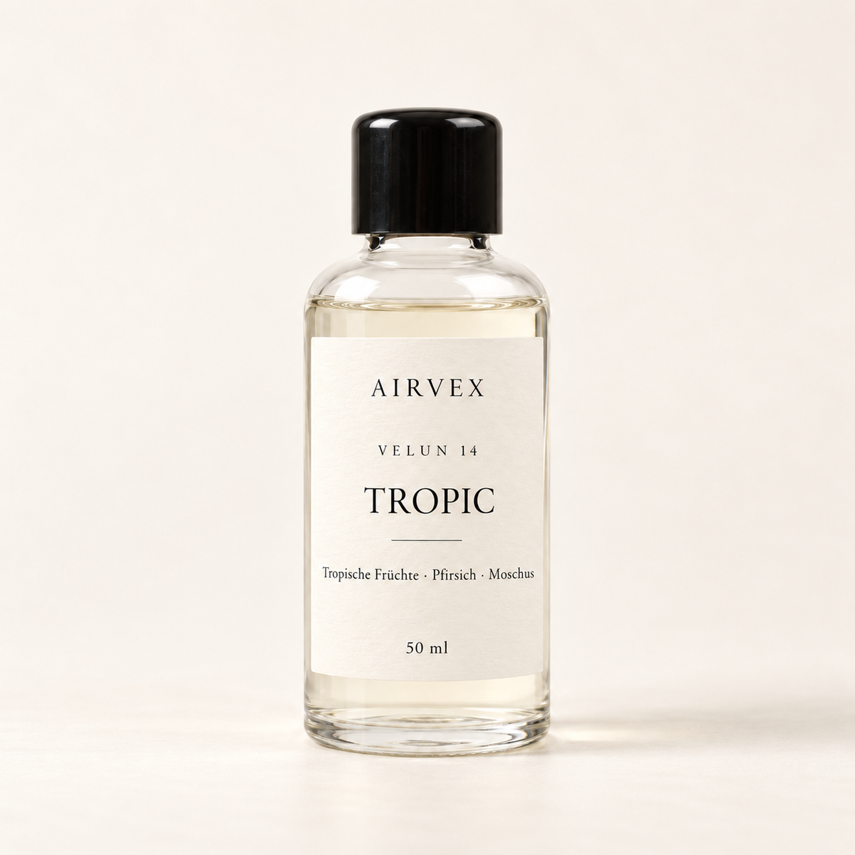 VELUN 14 TROPIC Raumduft 50 ml in klarer Glasflasche mit schwarzem Schraubverschluss – Tropische Früchte · Pfirsich · Moschus