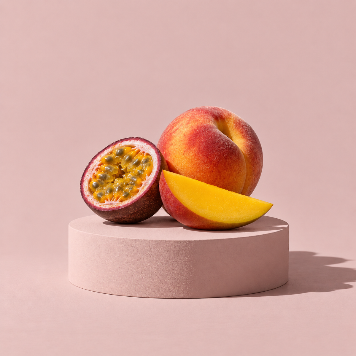 Duftzutaten von VELUN 14 TROPIC: Passionsfrucht, Mango und Pfirsich auf einem schlichten Sockel