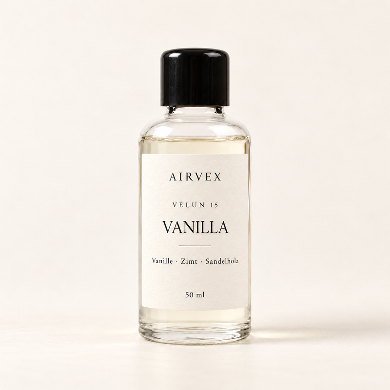 VELUN 15 VANILLA Raumduft 50 ml in klarer Glasflasche mit schwarzem Schraubverschluss – Vanille · Zimt · Sandelholz