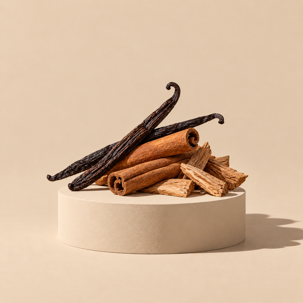 Duftzutaten von VELUN 15 VANILLA: Vanille, Zimt und Sandelholz auf einem schlichten Sockel