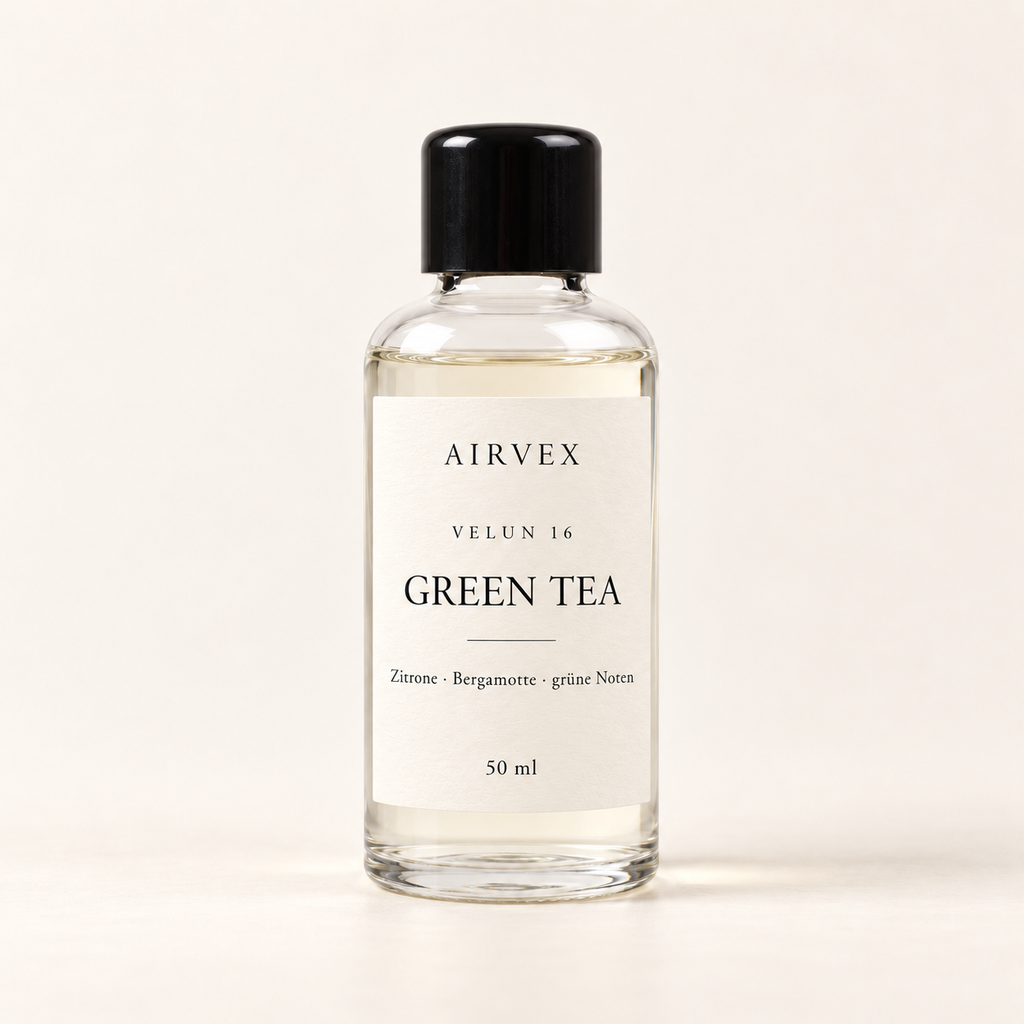 VELUN 16 GREEN TEA Raumduft 50 ml in klarer Glasflasche mit schwarzem Schraubverschluss – Zitrone · Bergamotte · grüne Noten