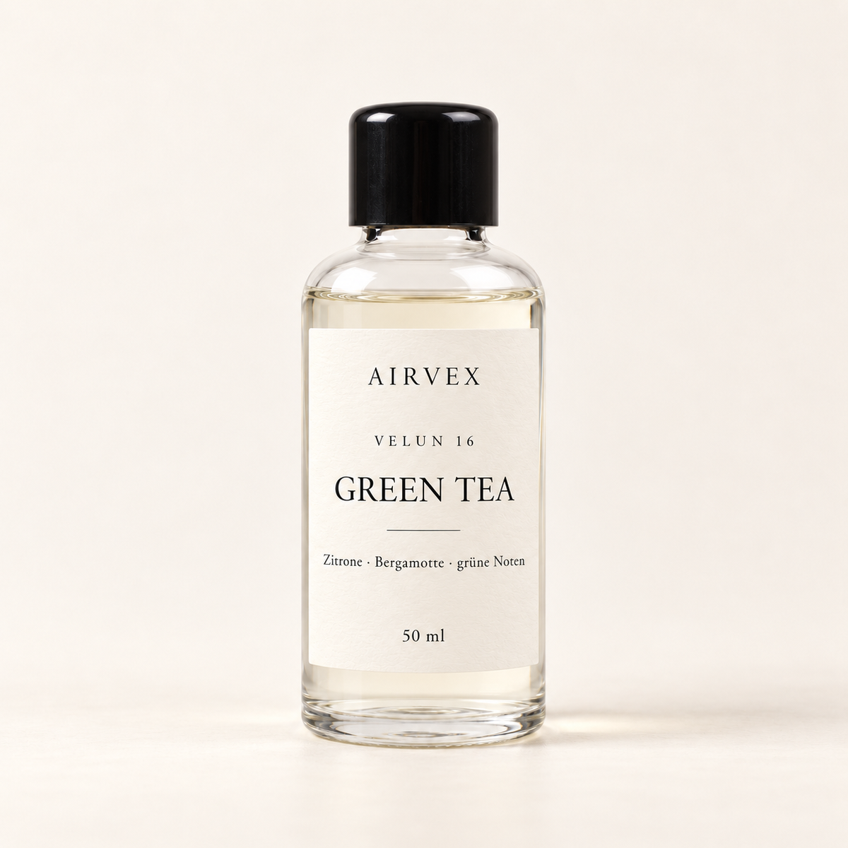 VELUN 16 GREEN TEA Raumduft 50 ml in klarer Glasflasche mit schwarzem Schraubverschluss – Zitrone · Bergamotte · grüne Noten