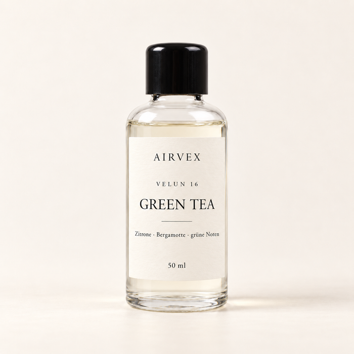 VELUN 16 GREEN TEA Raumduft 50 ml in klarer Glasflasche mit schwarzem Schraubverschluss – Zitrone · Bergamotte · grüne Noten