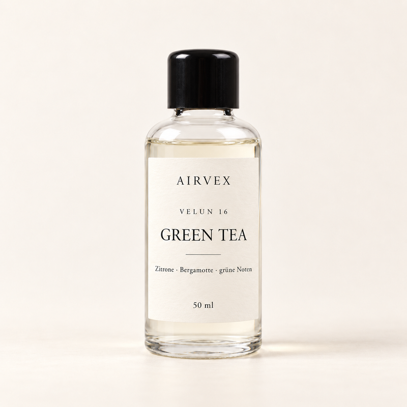 VELUN 16 GREEN TEA Raumduft 50 ml in klarer Glasflasche mit schwarzem Schraubverschluss – Zitrone · Bergamotte · grüne Noten
