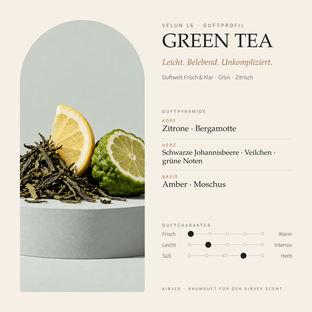 Duftprofil von VELUN 16 GREEN TEA: Duftpyramide mit Kopf-, Herz- und Basisnoten und Duftcharakter